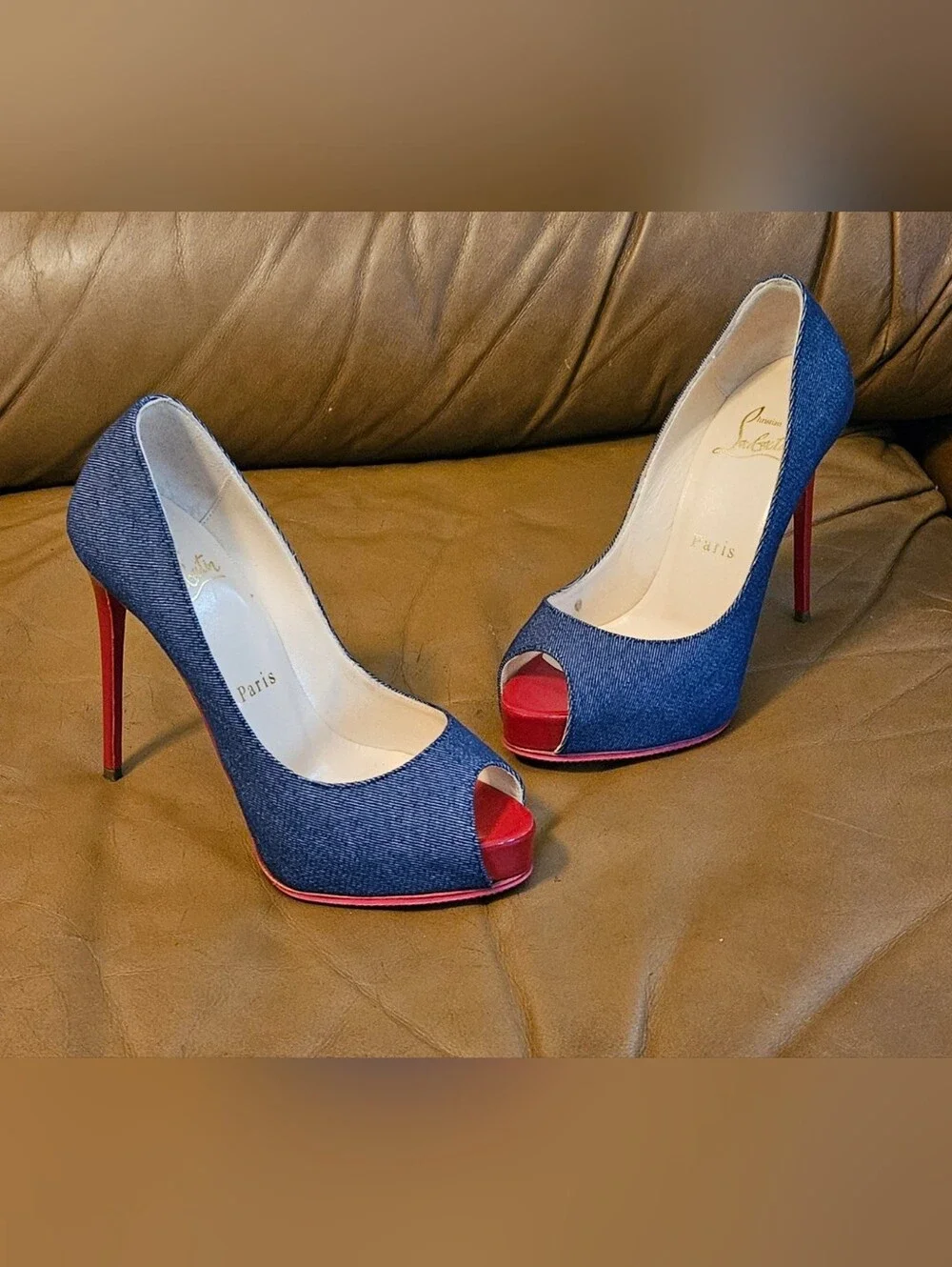 Christian Louboutin Denim Peep-Toe Platform Pump Heels Size 4 US